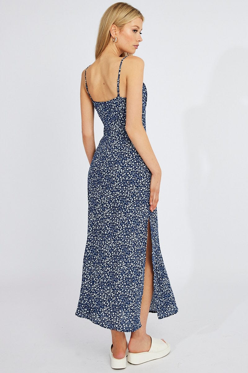 Blue Floral Midi Dress Gathering Bust Sleeveless for Ally Fashion