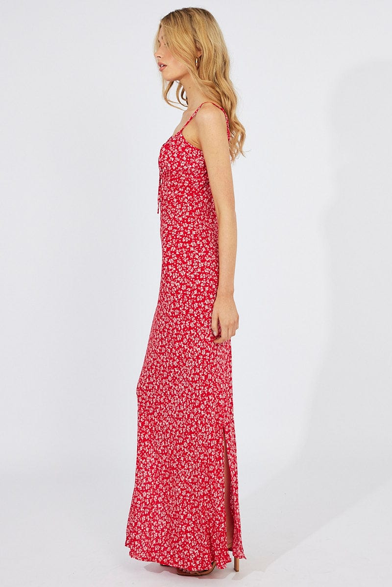 Red Floral Midi Dress Gathering Bust Sleeveless for Ally Fashion