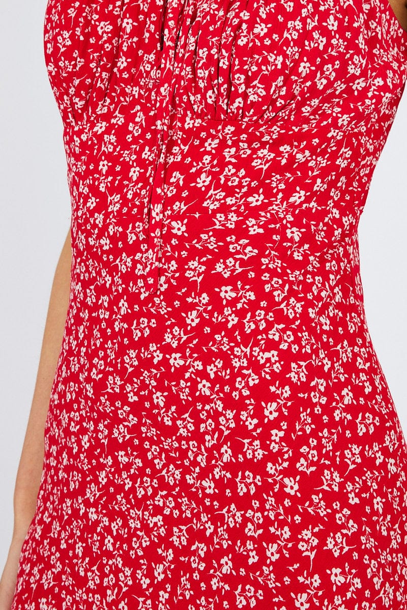 Red Floral Midi Dress Gathering Bust Sleeveless for Ally Fashion