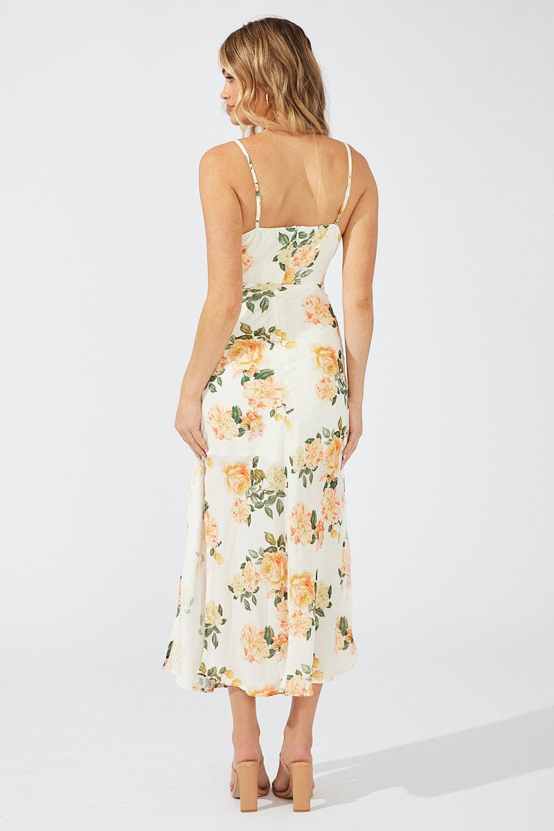 Yellow Floral Midi Dress Gathering Bust Sleeveless for Ally Fashion