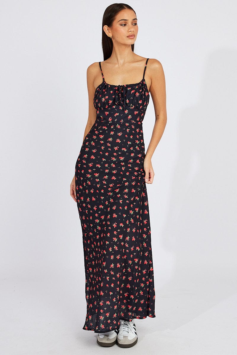 Black Floral Midi Dress Gathering Bust Sleeveless for Ally Fashion