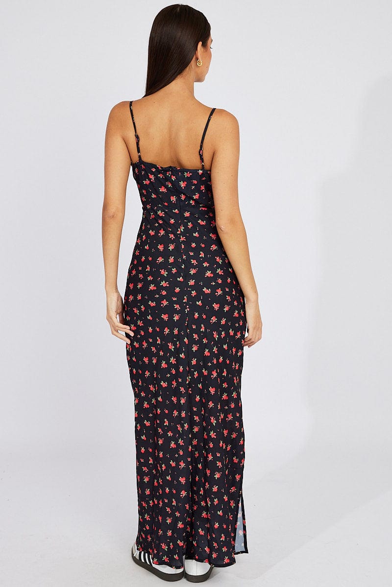 Black Floral Midi Dress Gathering Bust Sleeveless for Ally Fashion