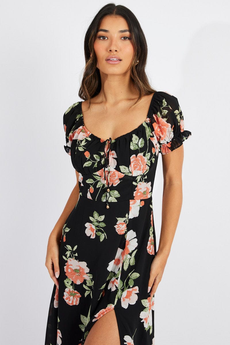 Black Floral Maxi dress Puff Sleeve | Ally Fashion