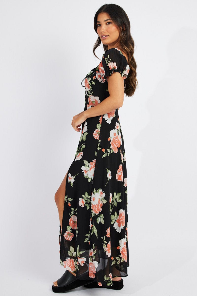 Black Floral Maxi dress Puff Sleeve | Ally Fashion