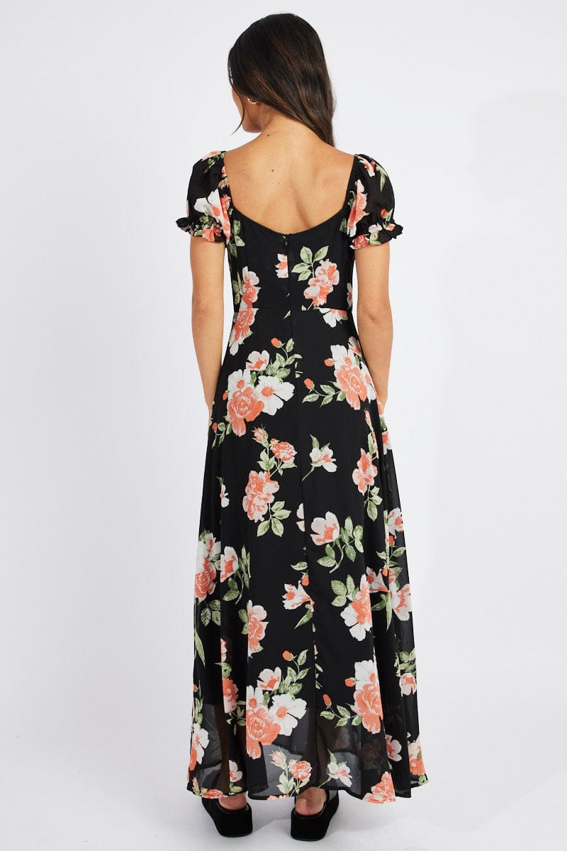 Black Floral Maxi dress Puff Sleeve | Ally Fashion