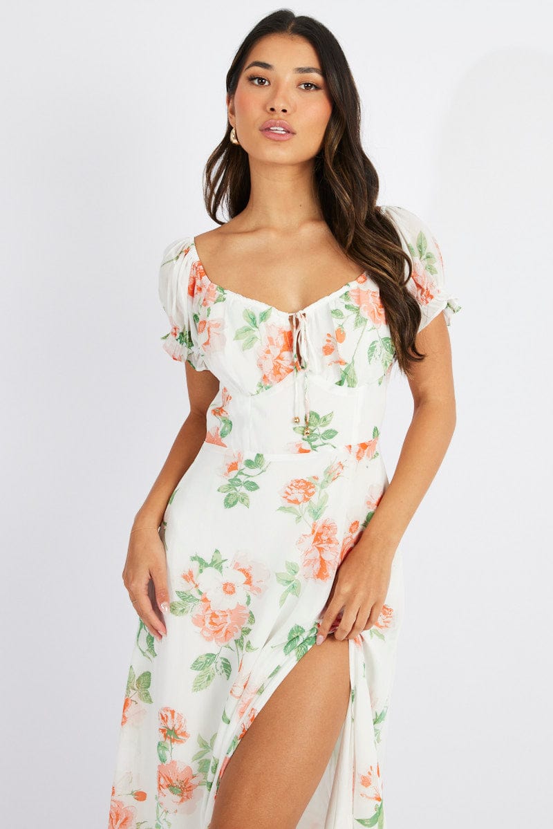 White Floral Maxi dress Puff Sleeve for Ally Fashion