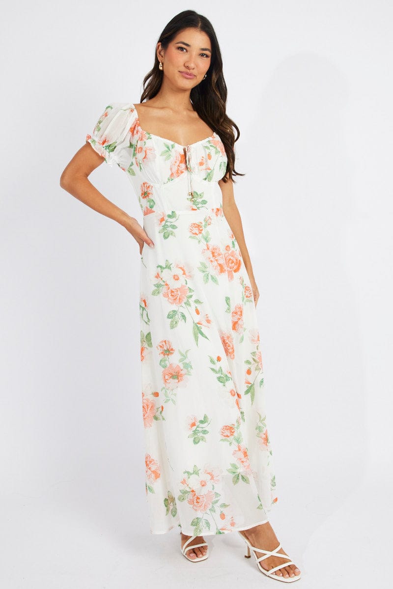 White Floral Maxi dress Puff Sleeve for Ally Fashion