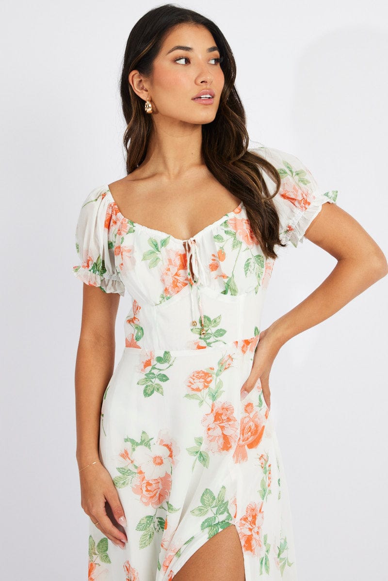 White Floral Maxi dress Puff Sleeve for Ally Fashion