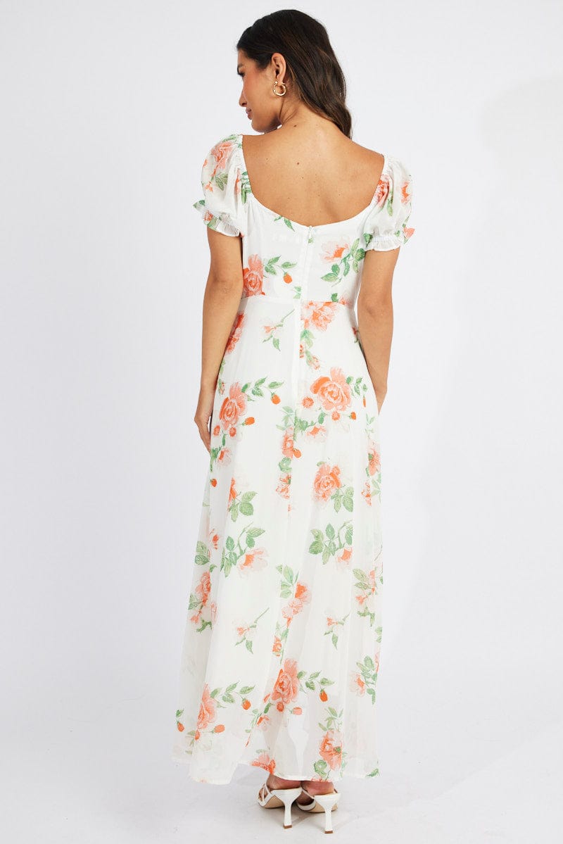 White Floral Maxi dress Puff Sleeve for Ally Fashion