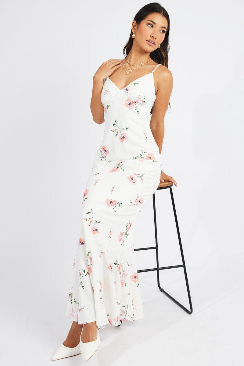 White Floral Maxi Dress Strappy for Ally Fashion