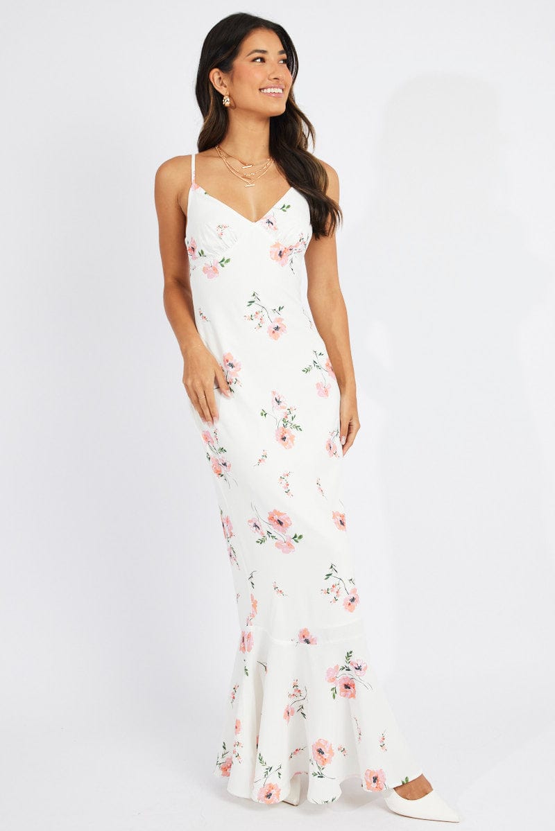 White Floral Maxi Dress Strappy for Ally Fashion