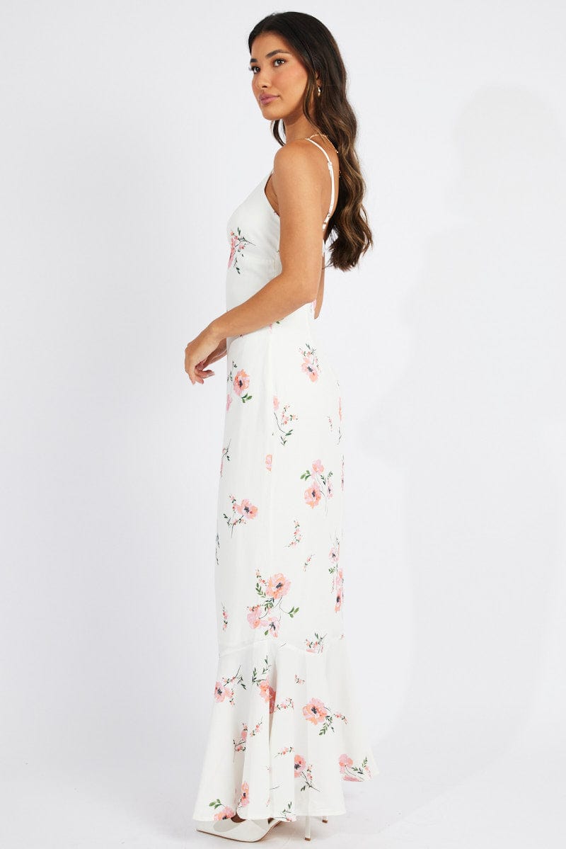 White Floral Maxi Dress Strappy for Ally Fashion