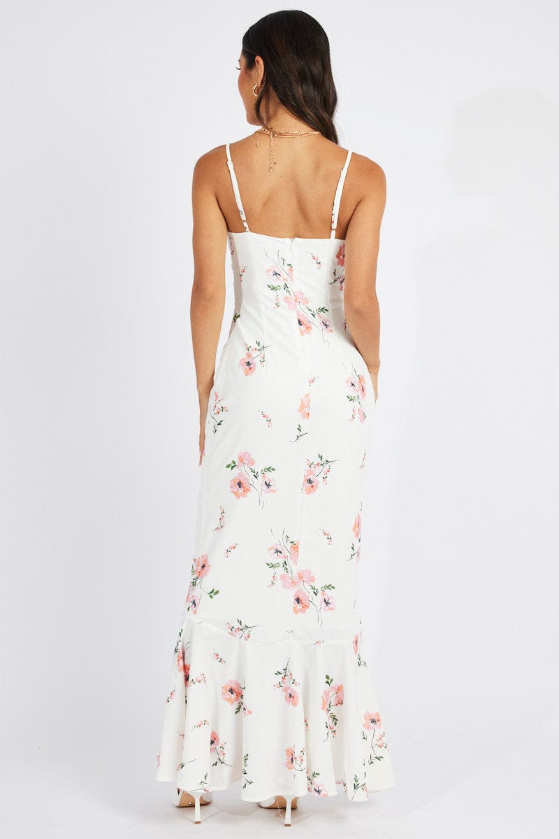 White Floral Maxi Dress Strappy for Ally Fashion