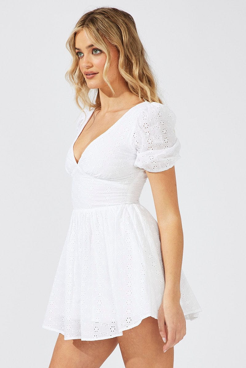 White Fit And Flare Dress Puff Sleeve Mini for Ally Fashion