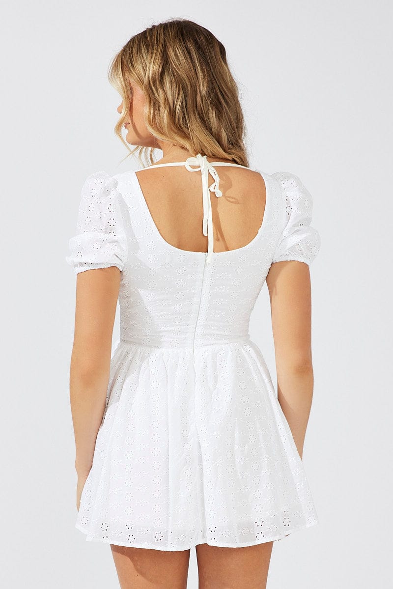 White Fit And Flare Dress Puff Sleeve Mini for Ally Fashion