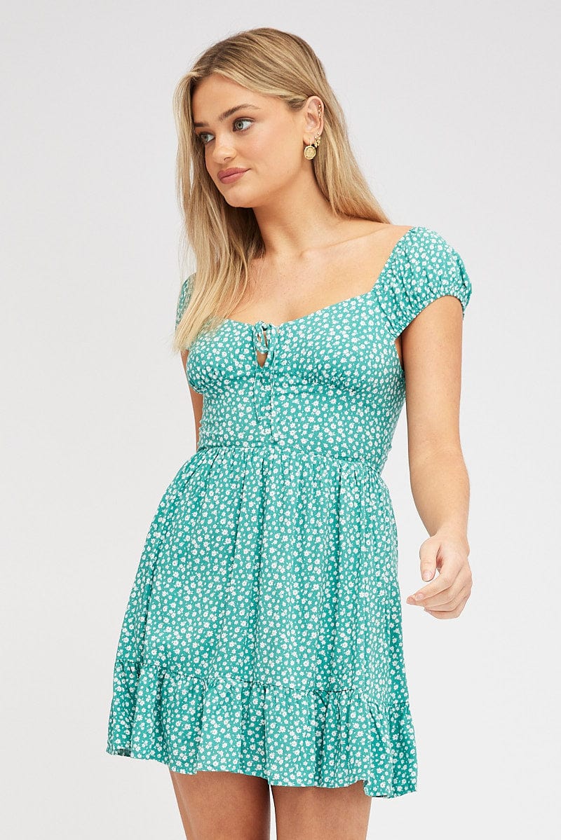 Green Ditsy Fit And Flare Dress Mini for Ally Fashion