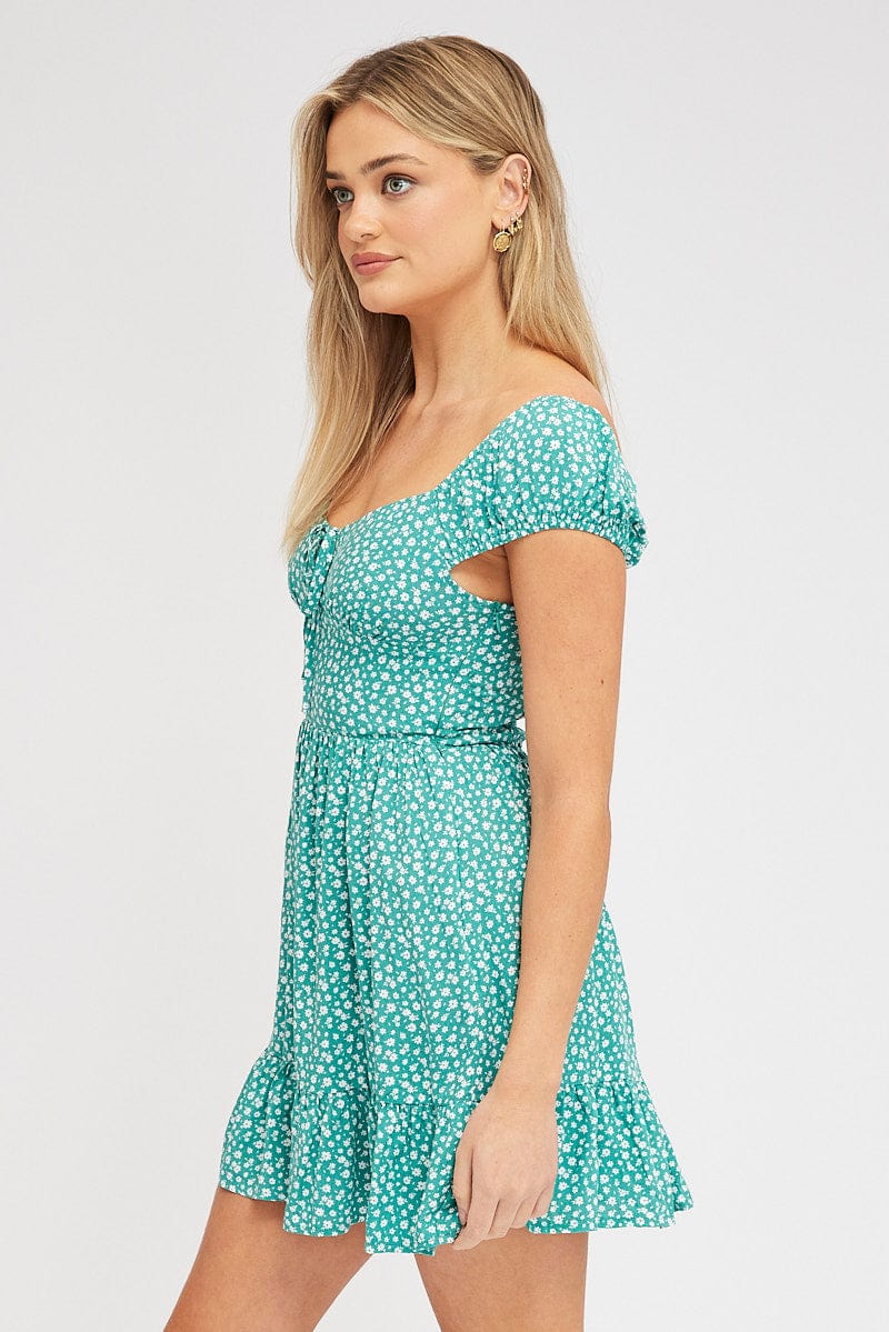 Green Ditsy Fit And Flare Dress Mini for Ally Fashion