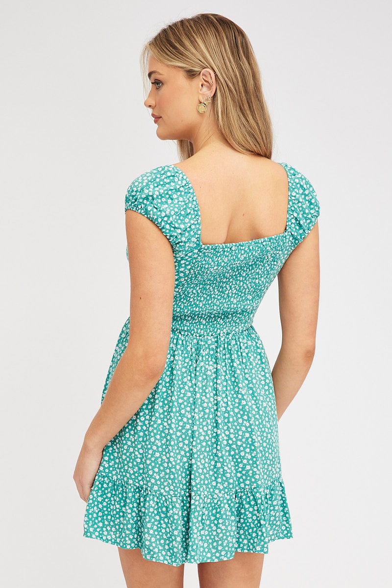 Green Ditsy Fit And Flare Dress Mini for Ally Fashion