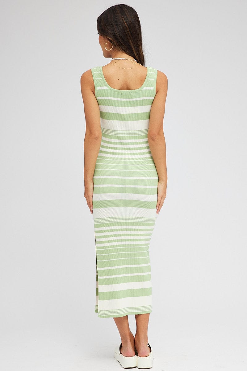 Green Stripe Knit Dress Square Neck Sleeveless Midi for Ally Fashion