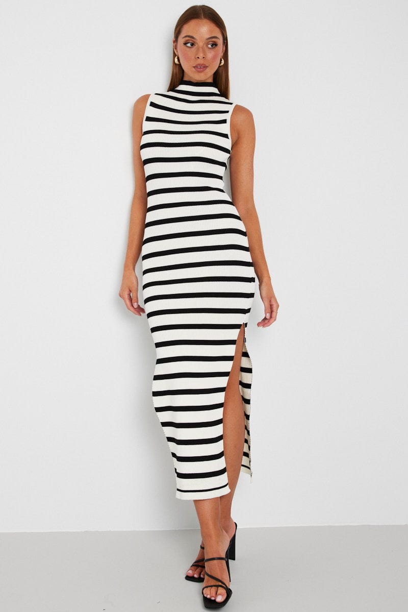 Black Stripe Knit Dress Sleeveless Midi for Ally Fashion