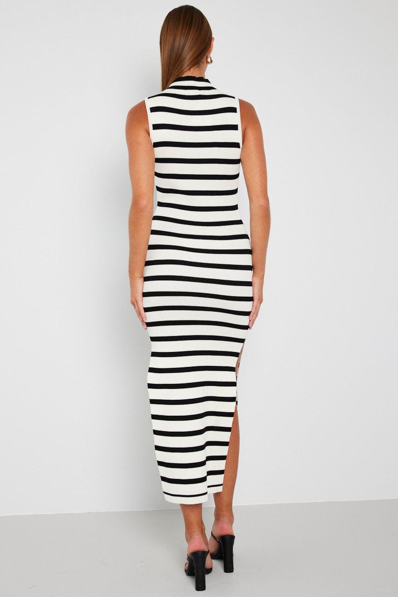 Black Stripe Knit Dress Sleeveless Midi for Ally Fashion