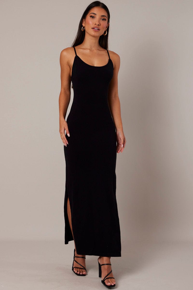 Black Knit Dress Sleeveless Maxi | Ally Fashion