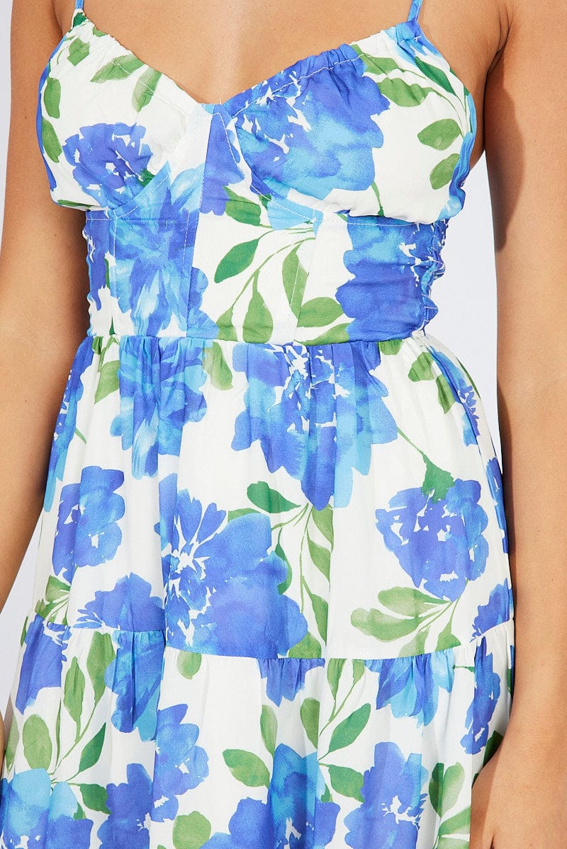 Blue Floral Fit And Flare Dress Mini for Ally Fashion