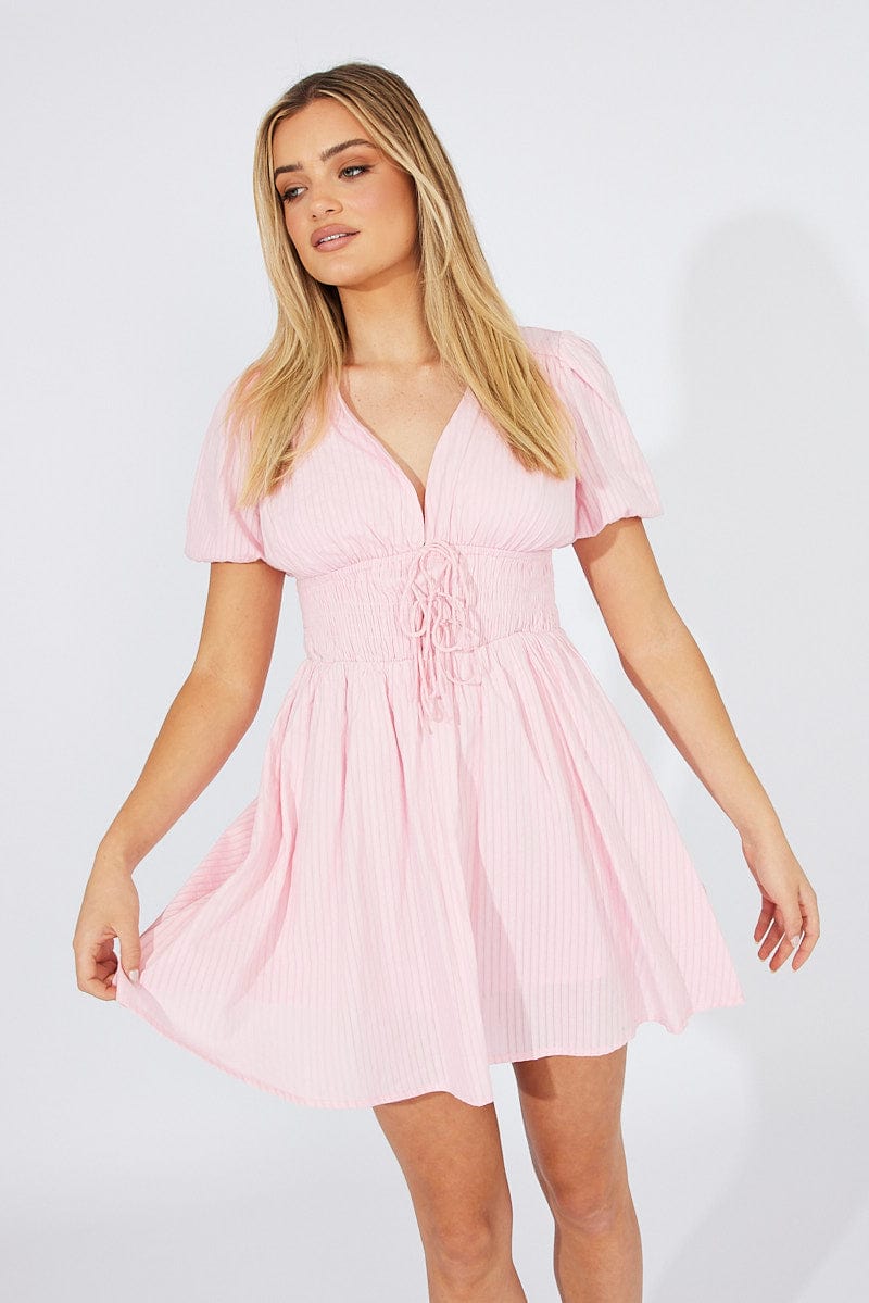 Pink Fit And Flare Dress Puff Sleeve for Ally Fashion