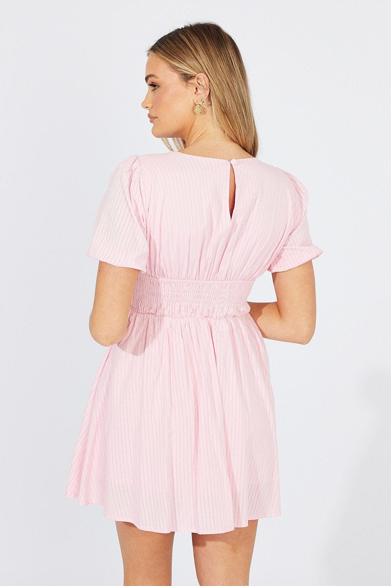 Pink Fit And Flare Dress Puff Sleeve for Ally Fashion
