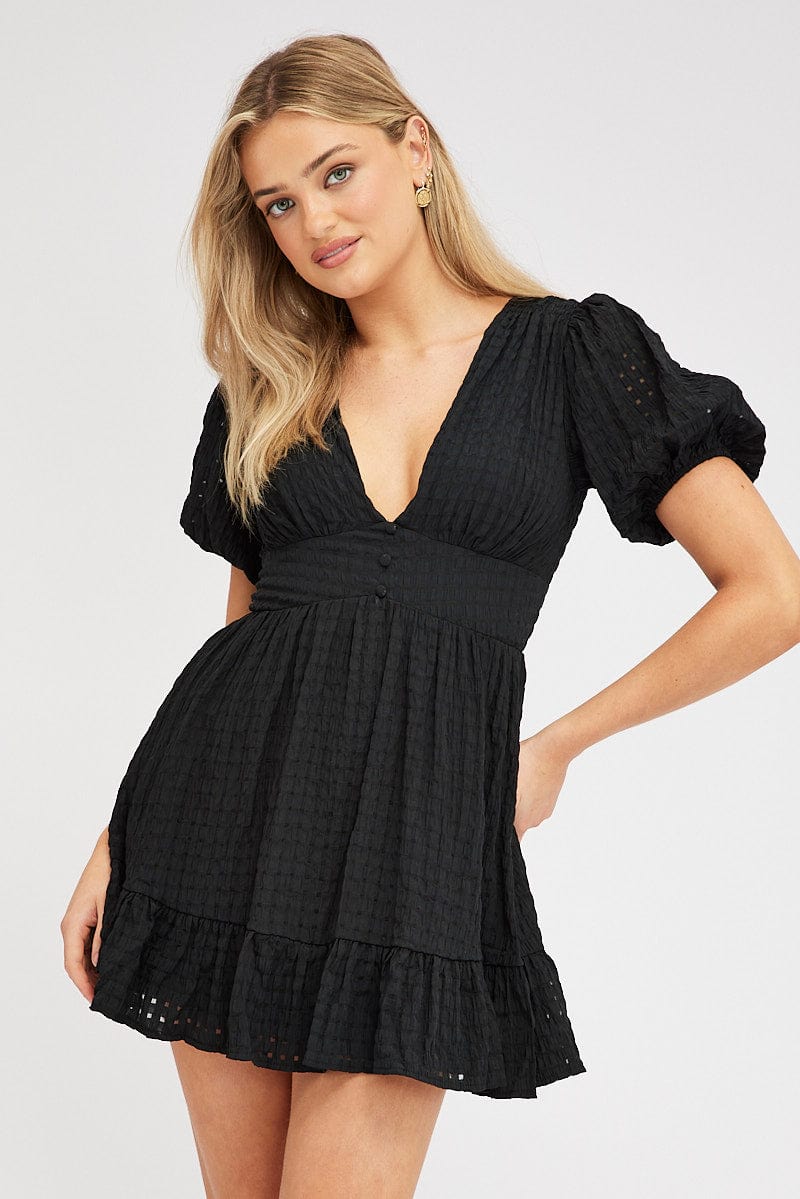 Black Fit And Flare Dress Puff Sleeve Mini for Ally Fashion