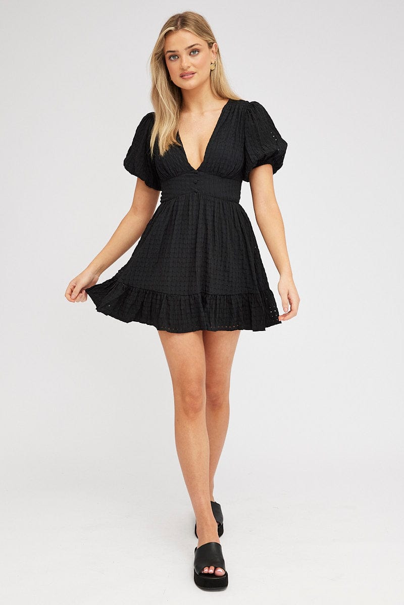 Black Fit And Flare Dress Puff Sleeve Mini for Ally Fashion