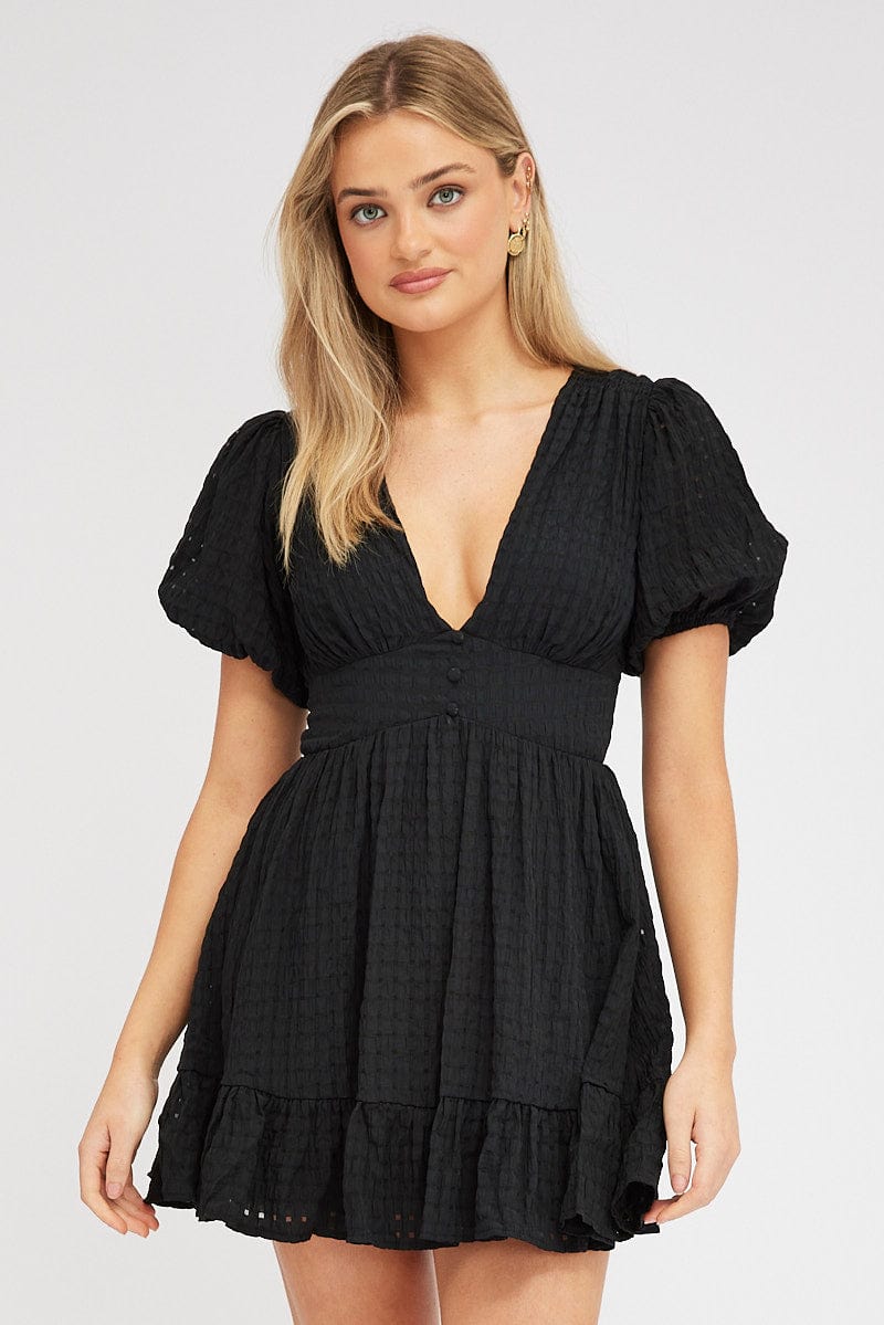 Black Fit And Flare Dress Puff Sleeve Mini for Ally Fashion