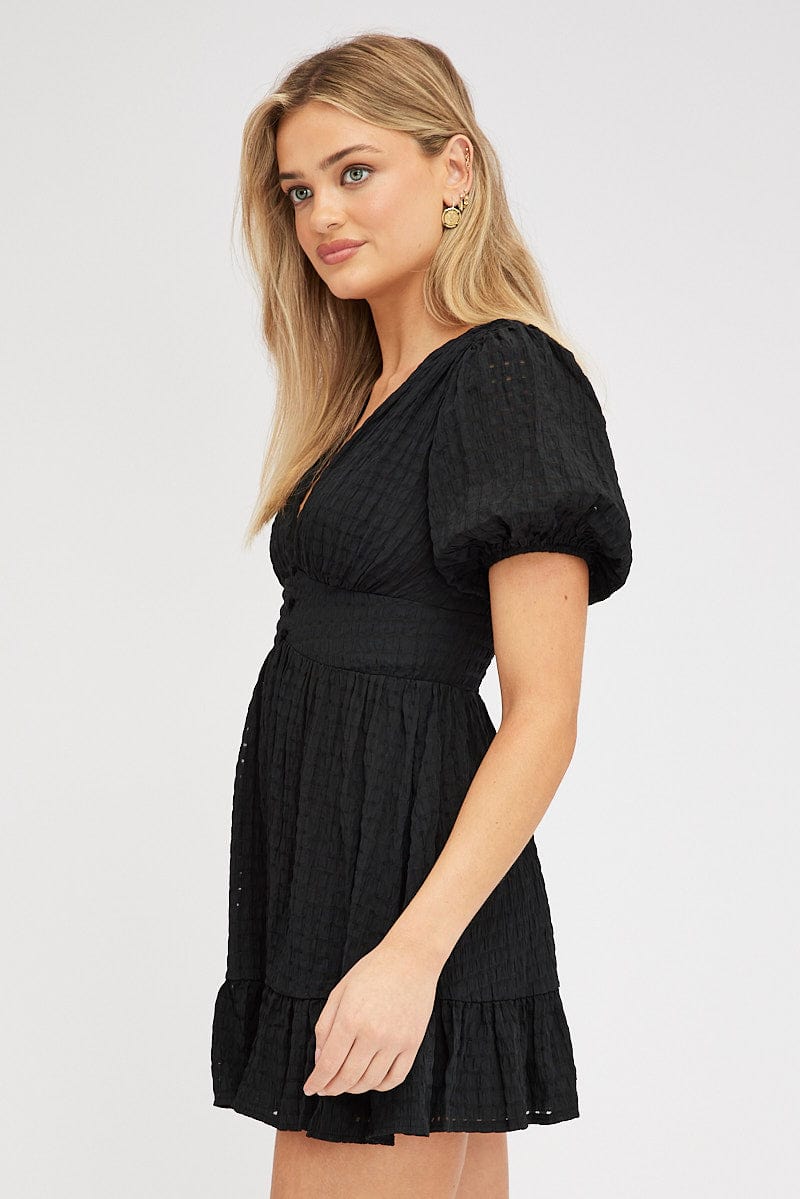 Black Fit And Flare Dress Puff Sleeve Mini for Ally Fashion