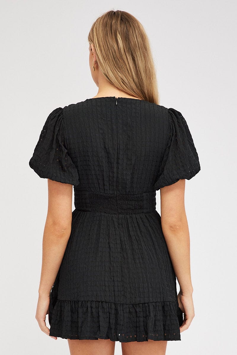 Black Fit And Flare Dress Puff Sleeve Mini for Ally Fashion