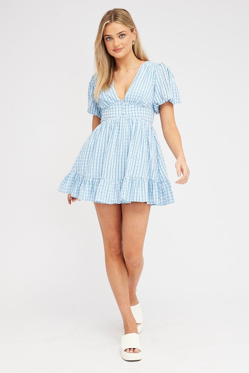 Blue Fit And Flare Dress Puff Sleeve Mini for Ally Fashion