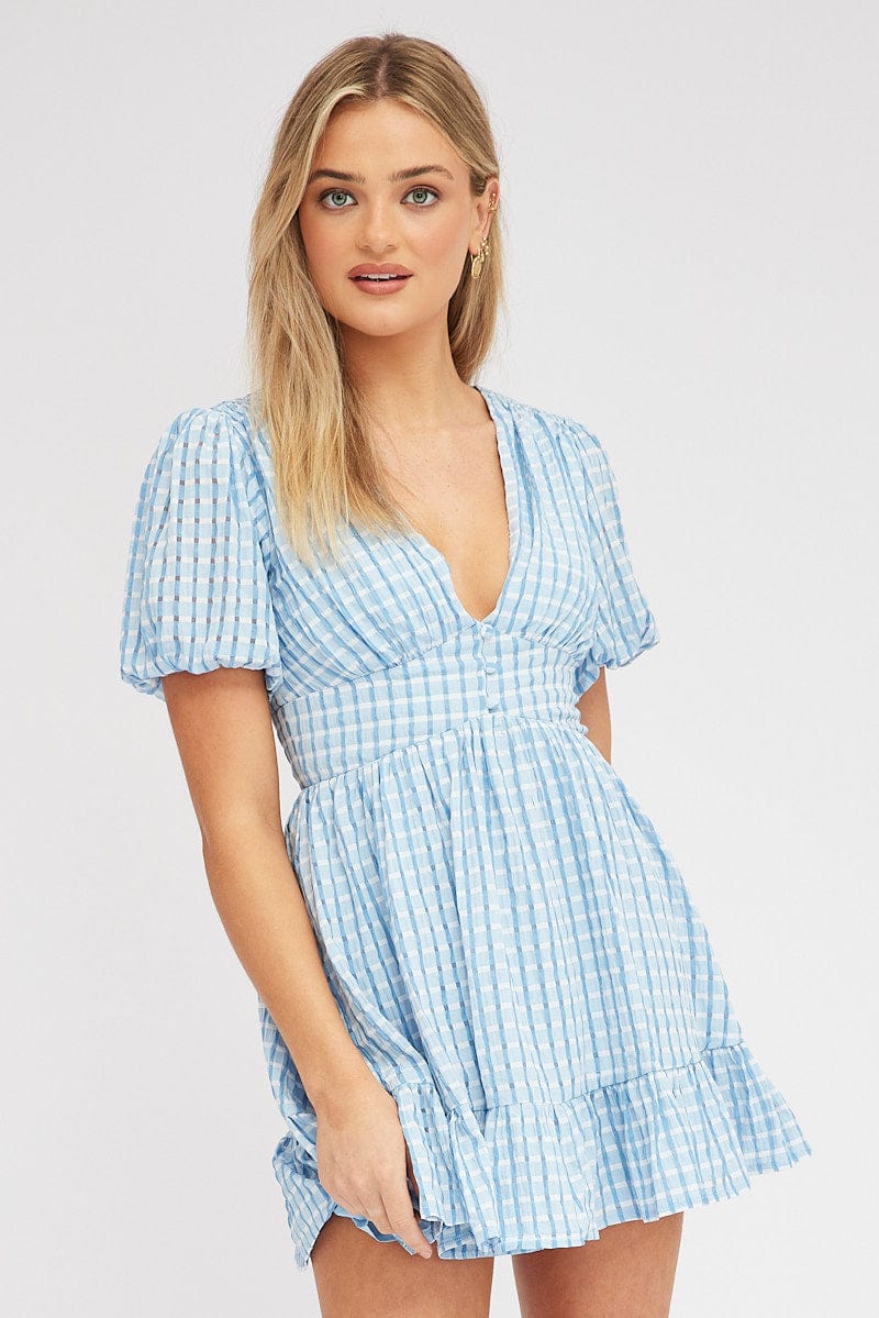 Blue Fit And Flare Dress Puff Sleeve Mini for Ally Fashion