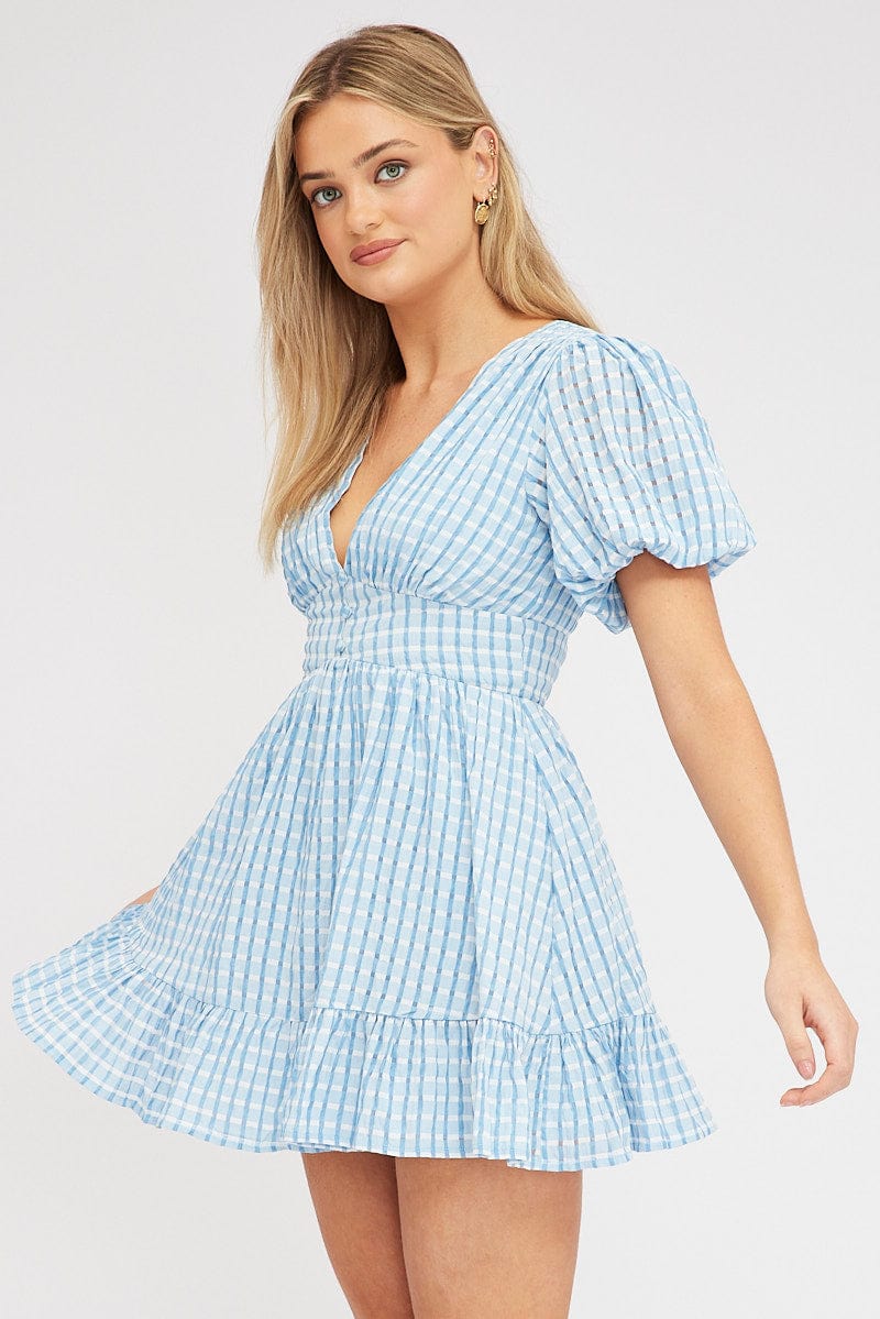 Blue Fit And Flare Dress Puff Sleeve Mini for Ally Fashion