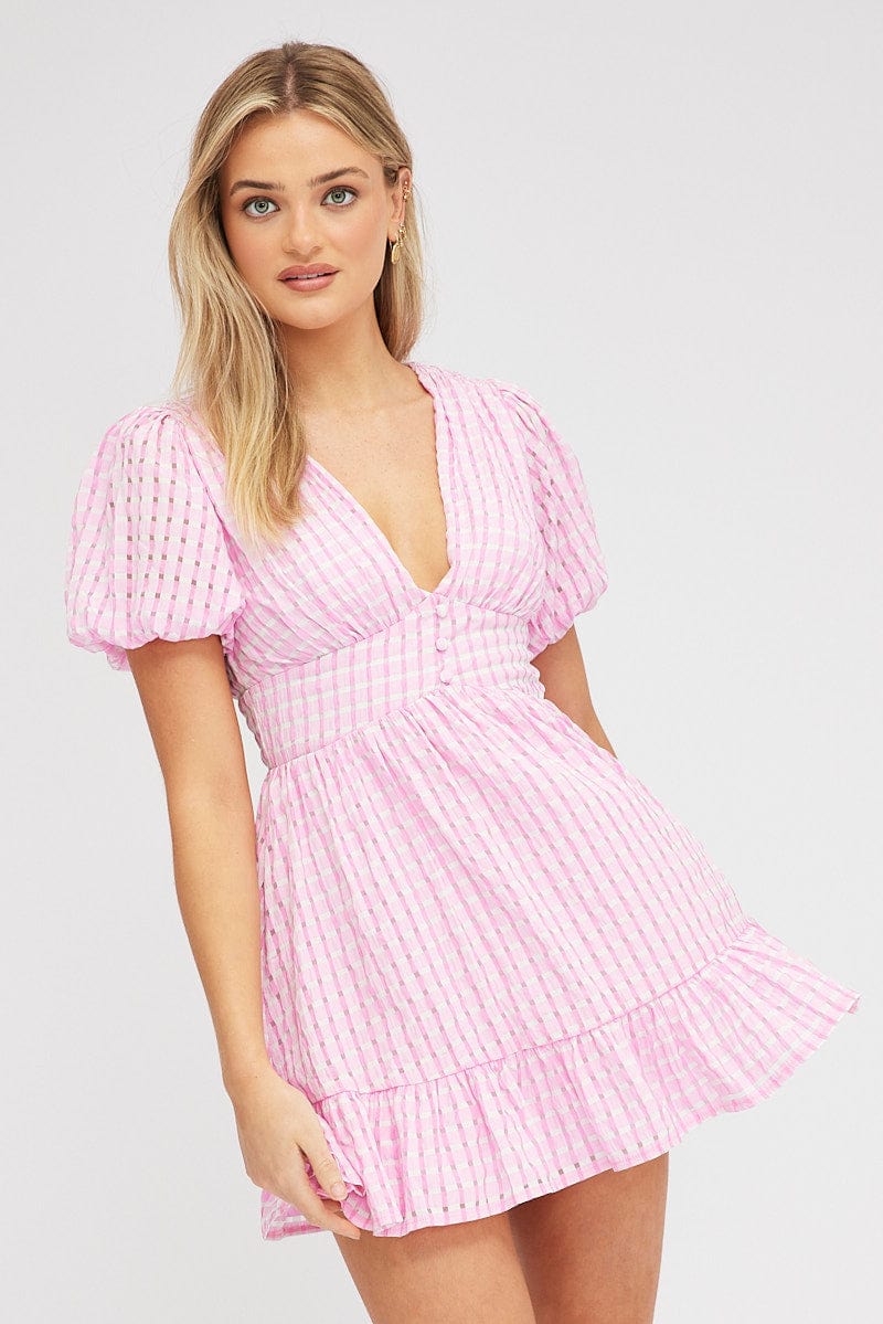 Pink Fit And Flare Dress Puff Sleeve Mini for Ally Fashion