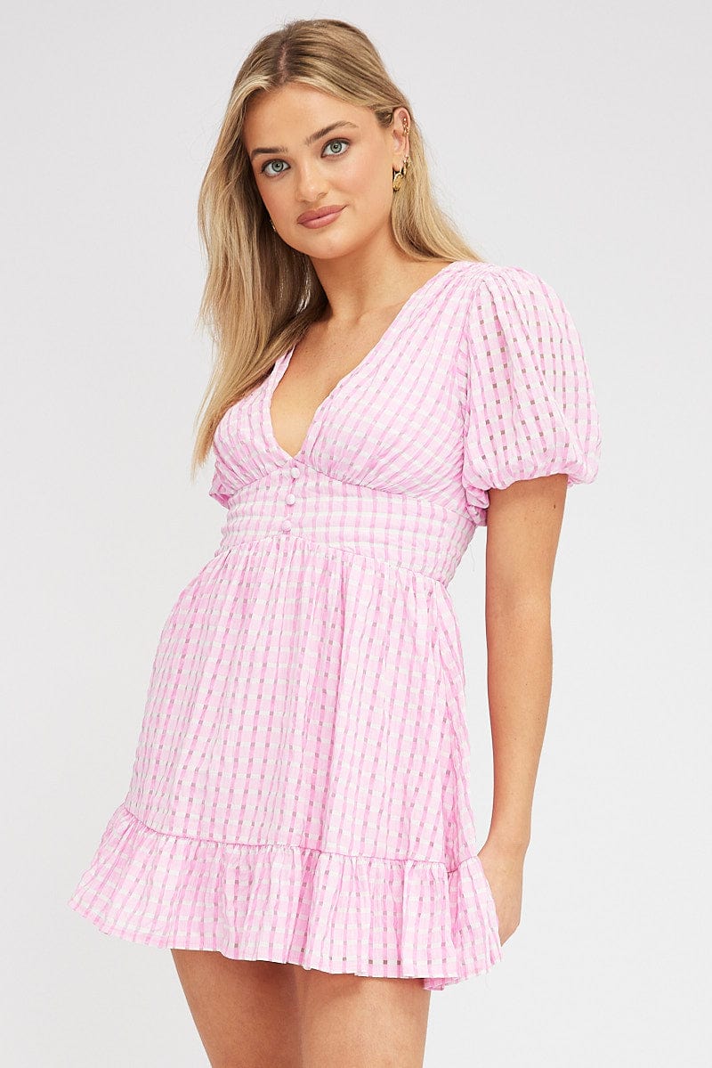 Pink Fit And Flare Dress Puff Sleeve Mini for Ally Fashion