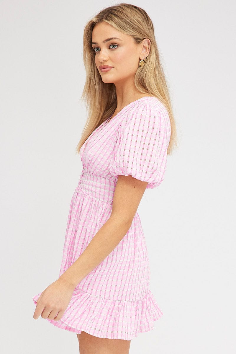 Pink Fit And Flare Dress Puff Sleeve Mini for Ally Fashion