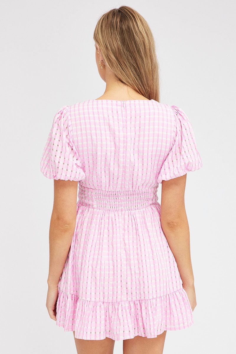 Pink Fit And Flare Dress Puff Sleeve Mini for Ally Fashion