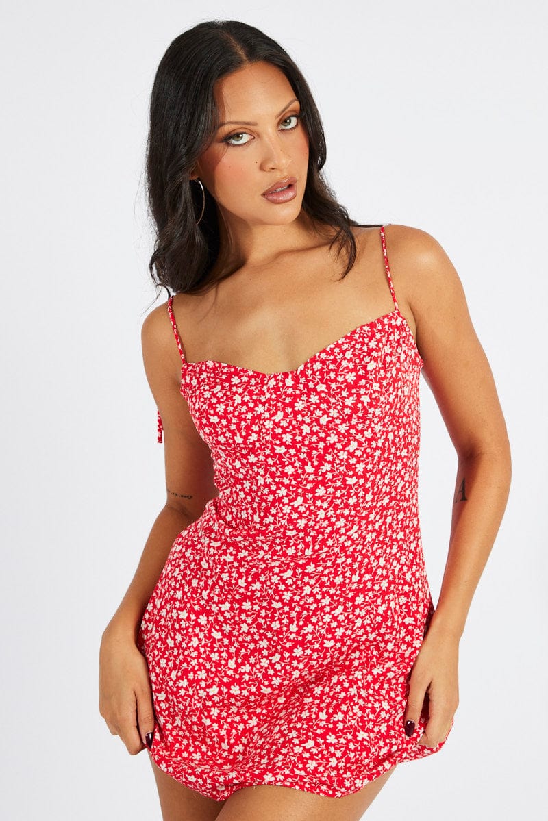 Red Floral Mini Dress Sleeveless for Ally Fashion