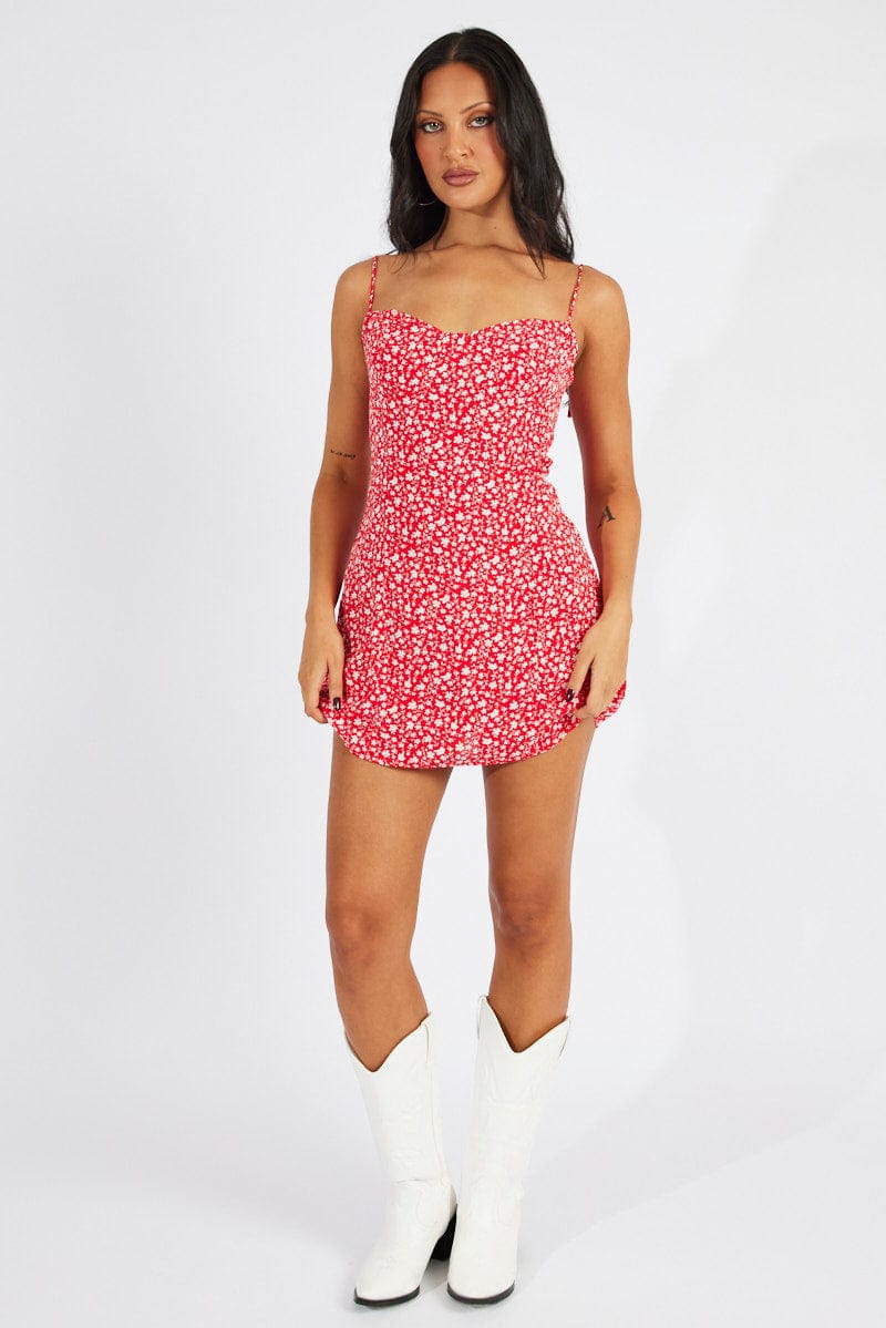 Red Floral Mini Dress Sleeveless for Ally Fashion