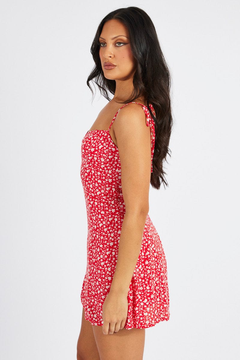 Red Floral Mini Dress Sleeveless for Ally Fashion