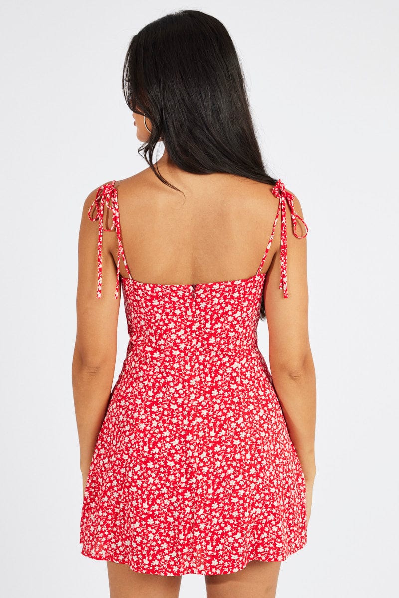 Red Floral Mini Dress Sleeveless for Ally Fashion