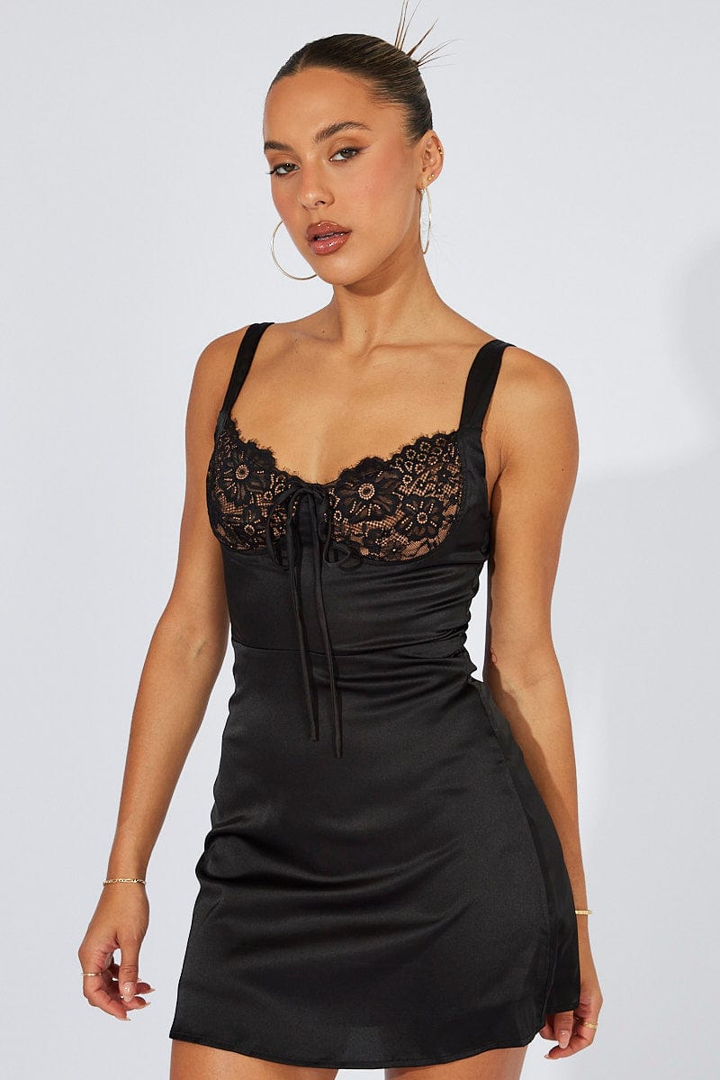Black Mini Dress Sleeveless Satin for Ally Fashion