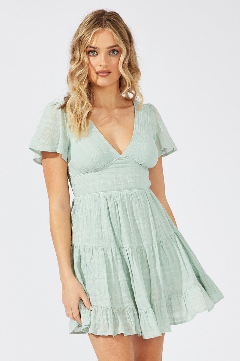 Green Fit And Flare Dress V-neck Mini for Ally Fashion