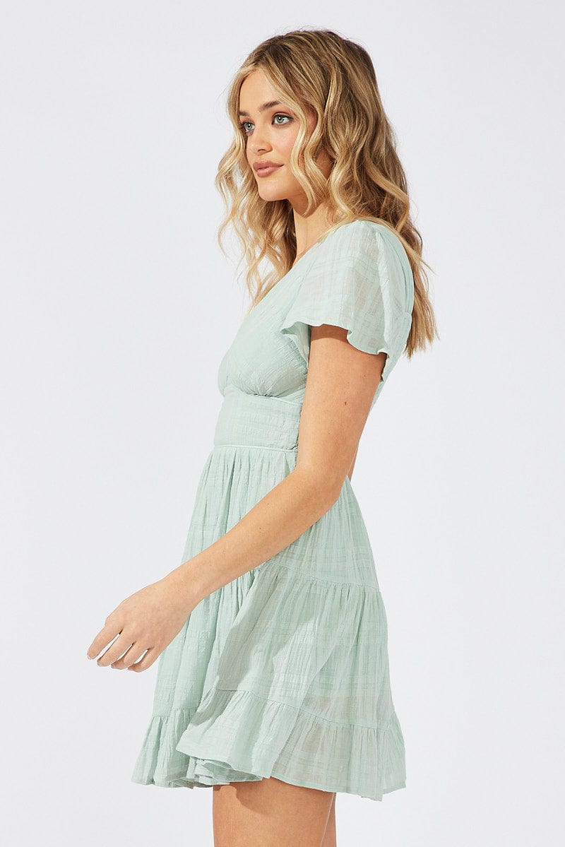 Green Fit And Flare Dress V-neck Mini for Ally Fashion