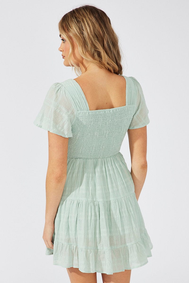 Green Fit And Flare Dress V-neck Mini for Ally Fashion