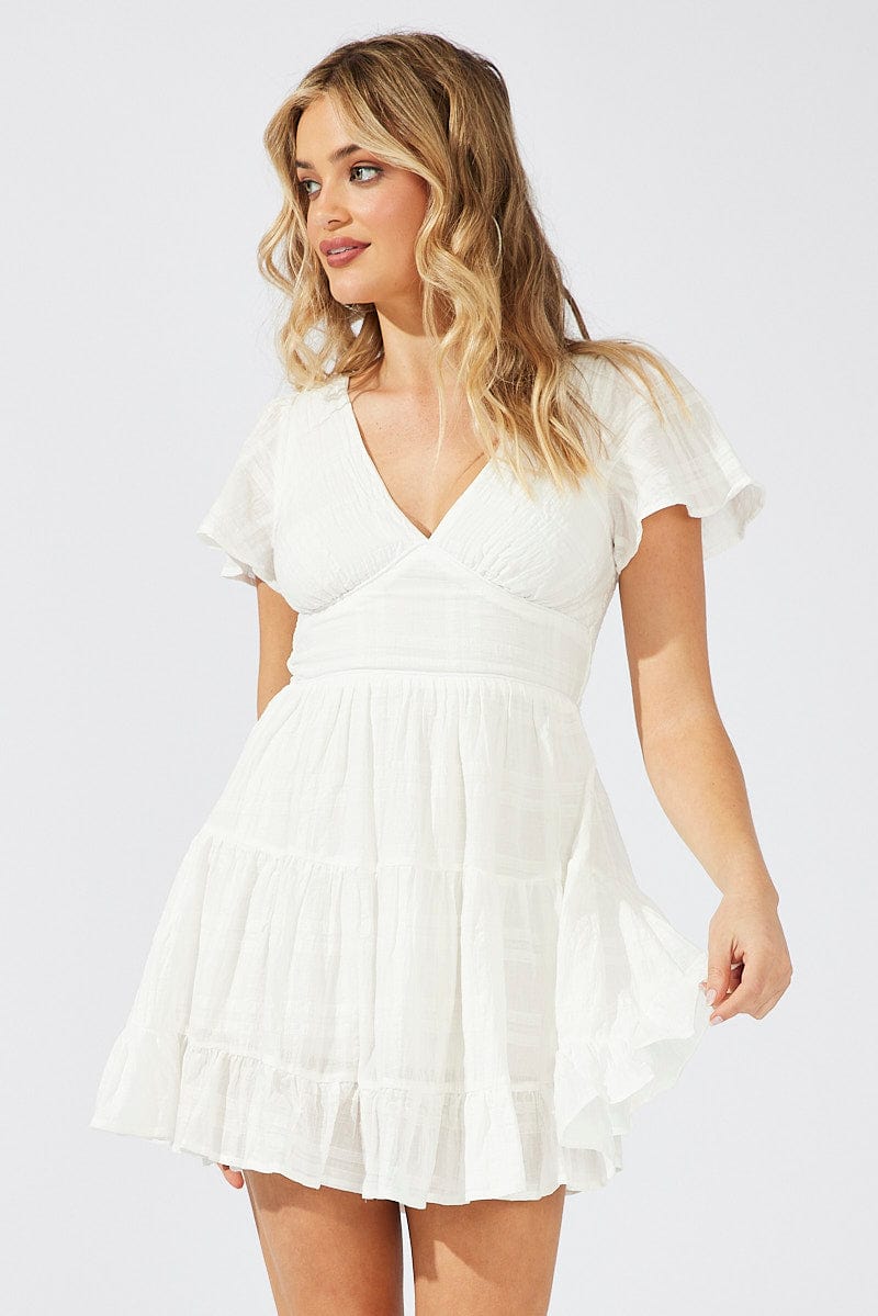 White Fit And Flare Dress V-neck Mini | Ally Fashion